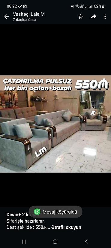 *Divan+ 2 kreslo* Sifarişlə hazırlanır. Dəst şəkildə : *550₼* lalafo.az -da *Divan+ 2 kreslo* Sifarişlə hazırlanır. Dəst şəkildə : *550₼*