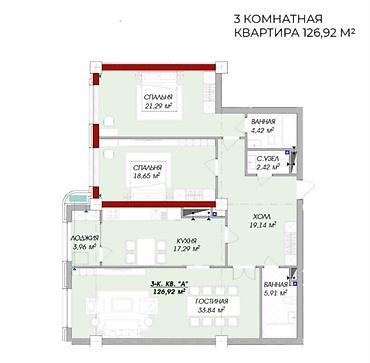 жк эпос: 3 комнаты, 127 м², Асанбай мкр Элитка, 4 этаж, ПСО (под самоотделку) — 3