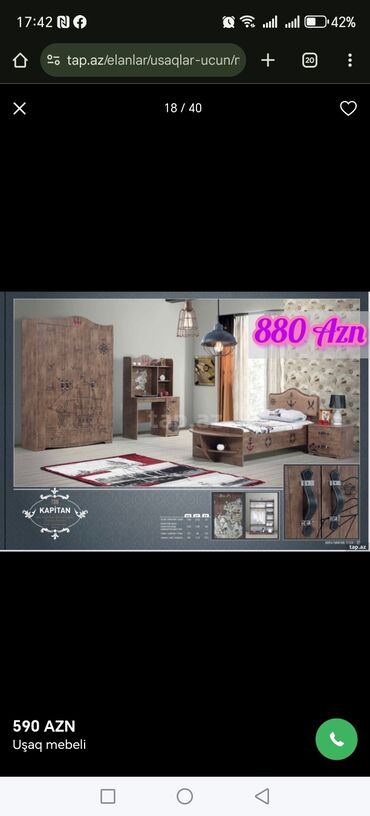 Uşaq və gənc otağı üçün dəstlər: Oğlan və qız üçün, Təknəfərlik çarpayı, Yazı masası — 11