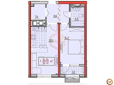 1 комната, 52 м², Технопарк Элитка, 8 этаж, ПСО (под самоотделку)