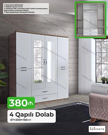 Dolablar: 4 qapılı paltar dolabı – 47×200×160 sm Xüsusiyyətlər: - Material: 18 — 1