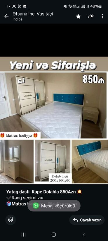 Sifarişlə yataq dəstləri: *Yataq dəsti Kupe Dolabla 850Azn 💥* ✔️Rəng seçimi var *🎁Matras