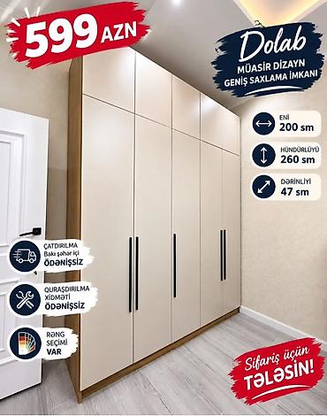 Dolab – müasir dizayn, geniş saxlama imkanı Ölçülər: - Eni: 200 sm -