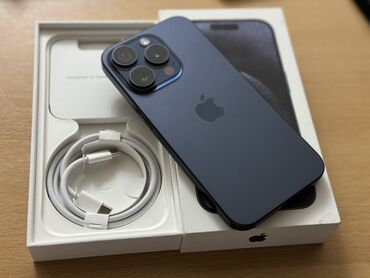 Apple iPhone: IPhone 15 Pro, Б/у, 128 ГБ, Синий, Защитное стекло, Кабель, Коробка, 99 %