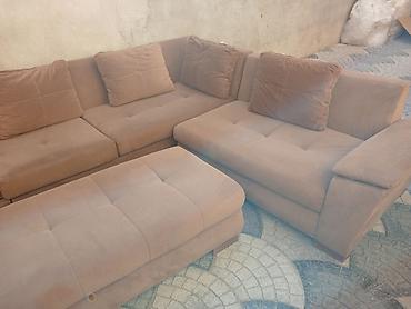 madeyra kunc divanları: Künc divan dəsti – yumşaq süet tipli parça, bej/qəhvəyi rəng — 2
