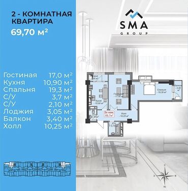 цены на недвижимость в бишкеке 2023: 2 комнаты, 69 м², Элитка, 13 этаж, ПСО (под самоотделку)