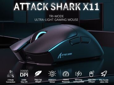 Mauslar: ATTACK SHARK X11 Gaming mouse sensor:PAW3311 düymə:Huannuo 20 mln