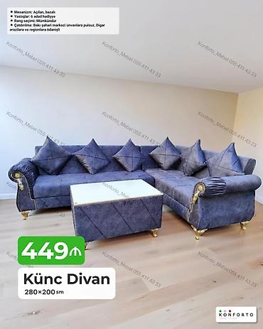 Divanlar: Künc divan – 280×200 sm - Açılan, bazalı mexanizm - 6 ədəd yastıq — 1