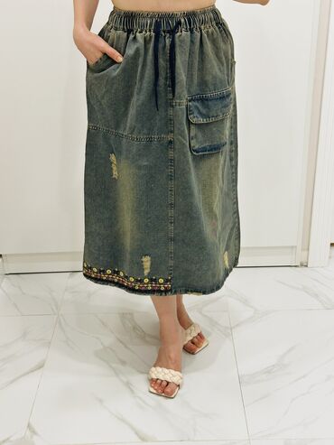 Юбки: Юбка, Модель юбки: Трапеция, Макси, Джинс, По талии — 4