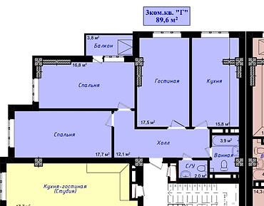чайка 3: 3 комнаты, 90 м², Элитка, 10 этаж, ПСО (под самоотделку) — 8