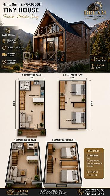modul tipli ev: Tiny House – Premium Modul Ev (4m x 8m, 2 mərtəbə, hündürlük 6m) — 2
