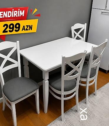 drel dəsti: Ağ rəngli yemək dəsti – 1 masa + 4 stul. - Dördkünc masa, hamar parlaq — 1