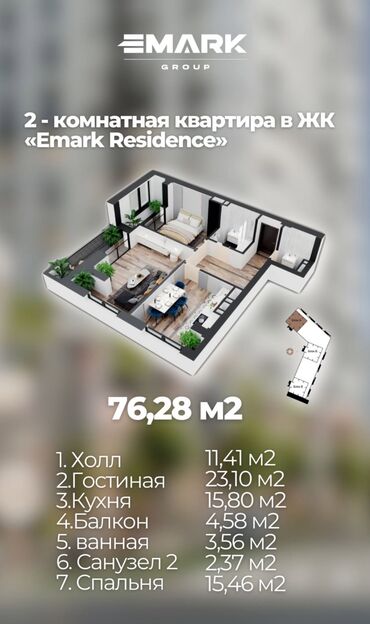 2 комнатная квартира псо: 2 комнаты, 76 м², Элитка, 11 этаж, ПСО (под самоотделку)