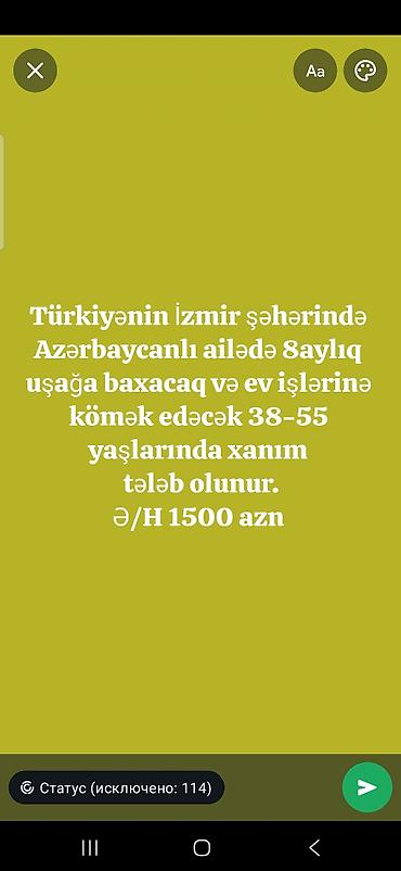 İzmir şəhərində azərbaycanlı ailədə işləmək üçün dayə və ev köməkçisi lalafo.az -da İzmir şəhərində azərbaycanlı ailədə işləmək üçün dayə və ev köməkçisi