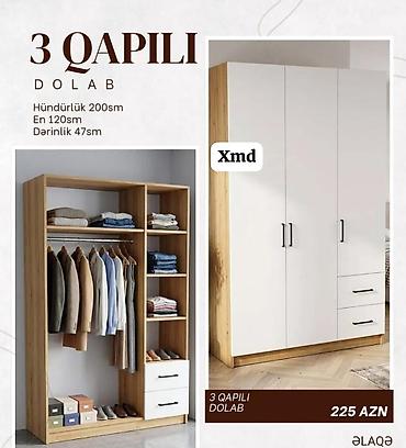 skaflar: 3 qapılı dolab Ölçülər: - Hündürlük: 200 sm - En: 120 sm - Dərinlik — 1