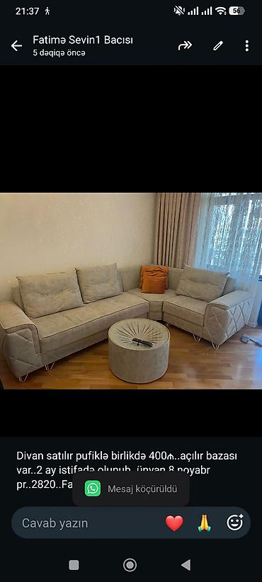 Divan satılır pufiklə birlikdə 400₼. açılır bazası var. 2 ay istifadə