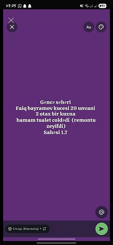 mida gence: Satilir Bagmanda 60min Ünvan: Faiq Bayramov küçəsi 29 Plan: 2 otaq + — 1
