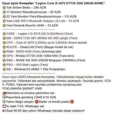 Masaüstü kompüterlər və iş stansiyaları: Oyun üçün Kompüter "Legion Core i5 3470 GT730 2GB 256GB NVME” ⭐Tək — 2