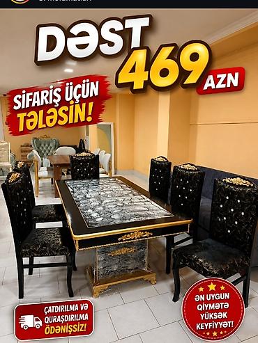 2 ci el termo: Yemək otağı dəsti Tərkib: - 1 masa – qara-qızılı çərçivə, mərmər — 1