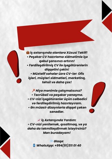 1 ce: 💼 İş axtarışında olanlara Xüsusi Təklif! 	•	Peşəkar CV hazırlama