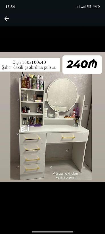 uzun cəkmə: Ağ rəngdə vizaj/maqaj masası və güzgü dəsti. Xüsusiyyətlər: - Ölçü — 1