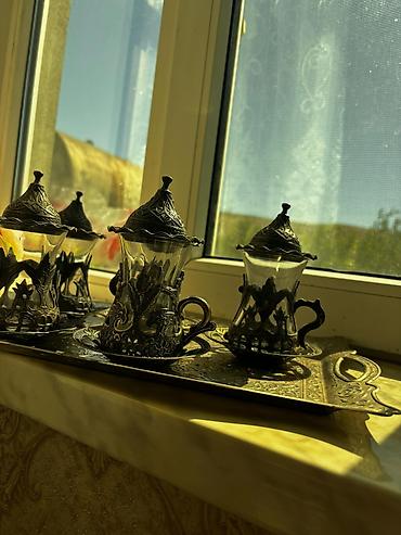 demir stekan: Çay dəsti, rəng - Qızılı, Metal, 6 nəfərlik, Türkiyə — 1