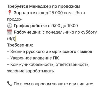 работа реализатора на дордое на 2020 г: Талап кылынат Сатуу боюнча менеджер, Иш тартиби: Алты күндүк, Толук жумуш күнү, Сатуудан %