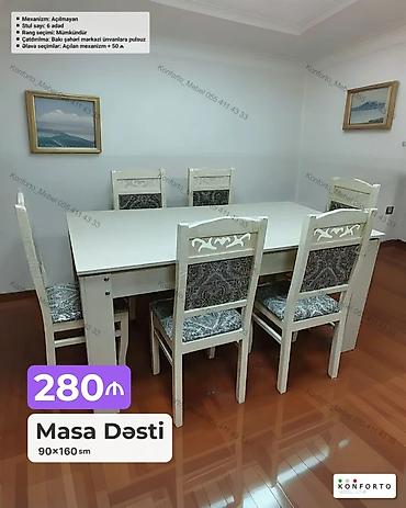 kürsü masası: Masa dəsti – 6 stullu - Ölçü: masa 90×160 sm - Mexanizm: açılmayan - — 1