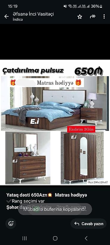 Мебель: *Yataq dəsti 650Azn💥 Matras hədiyyə* ✔️Rəng seçimi var *Şəhər daxili — 2