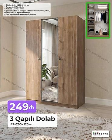 Mebel: 3 qapılı geyim dolabı – 47×200×120 sm - Material: 18 mm laminat - — 1