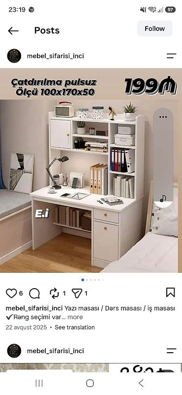 sekis masaş: Yazı/Dərs/İş masası – kitab rəfli üst modul ilə - Ölçü: 100 x 170 x — 1