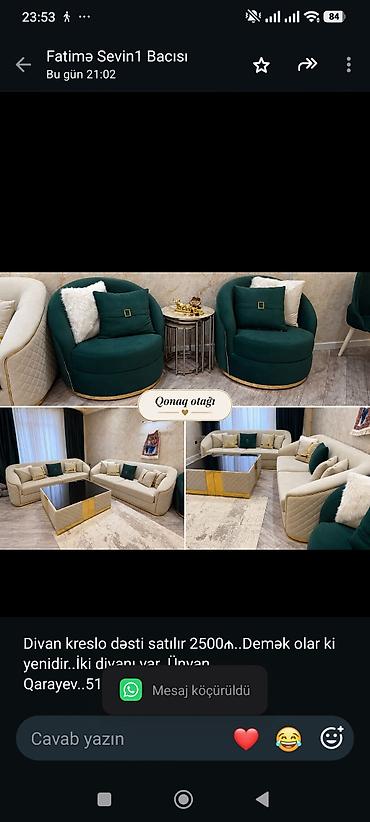 Divan kreslo dəsti satılır 2500₼. Demək olar ki yenidir. İki divanı lalafo.az -da Divan kreslo dəsti satılır 2500₼. Demək olar ki yenidir. İki divanı