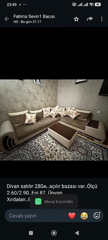 Divan satılır 280₼. açılır bazası var. Ölçü 2.60/2.90. Eni 87. Ünvan
