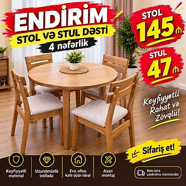 stul ev: 🔥 BÖYÜK ENDİRİM! 🔥 🪑 Stol və stul dəsti satışda! ✅ Stol — 145 AZN ✅ 1 — 1