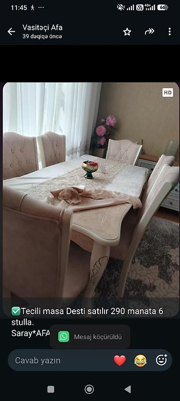 Ev və bağ: ✅Tecili masa Desti satılır 290 manata 6 stulla.
Saray*AFA 1036 — 1