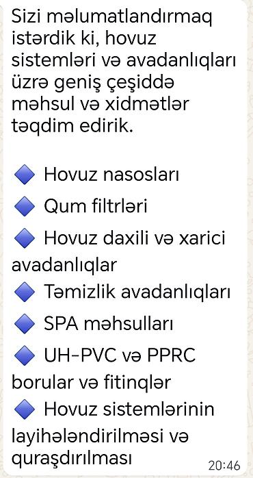 Hovuz sistemləri və avadanlıqları üzrə geniş məhsul və xidmət çeşidi