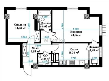 Продажа квартир: 2 комнаты, 69 м², Пишпек Элитка, 7 этаж, ПСО (под самоотделку) — 3
