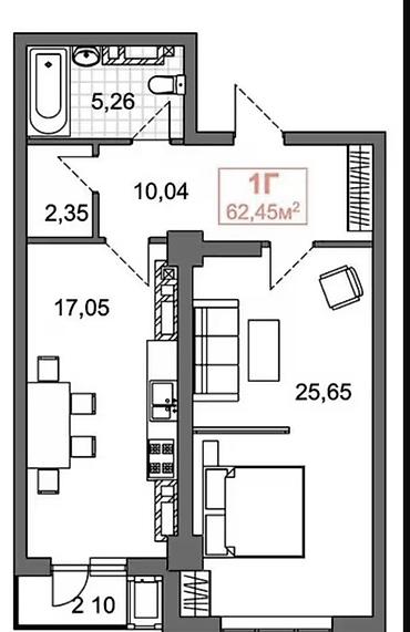 кэп строй: Продаётся 1-комнатная квартира площадью 62,45 м² в современном — 2