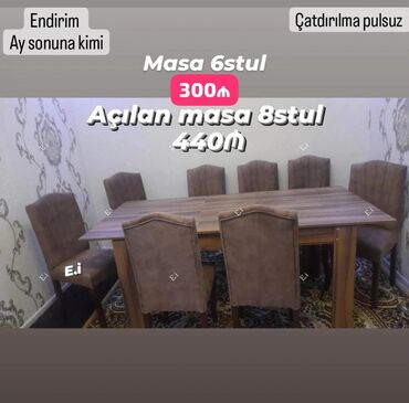 Masa və oturacaq dəstləri: Qonaq otağı üçün, Yeni, Açılmayan, Dördbucaq masa, 6 stul — 5