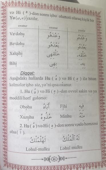 Tədris ədəbiyyatı: Quran oxumağı öyrənək – (kitab) Məzmuna dair: - Quranı ərəb əlifbası — 2