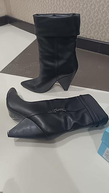 Сапоги: Saint Laurent Paris qadın çəkmələri - Material: hamar qara dəri — 1