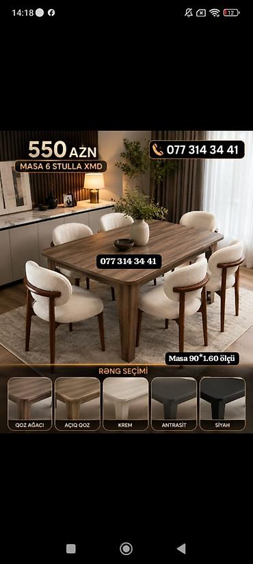 utu taxtası: Masa + 6 stul dəsti - Ölçü: masa 90 × 160 sm - Komplekt: 1 ədəd yemək — 1
