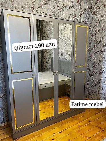 qusar mebel: Yeni, 4 qapılı, Güzgülü, Boz, Açılan, Düz dolab — 1