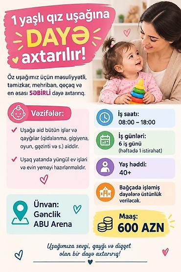 Ev personalı və təmizlik: Dayə tələb olunur, 46 yaşdan yuxarı, 6/1 — 1