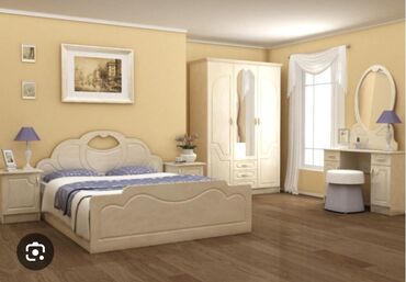 спальний бу: Спальный гарнитур, Двуспальная кровать, Шкаф, Трюмо, цвет - Бежевый, Б/у