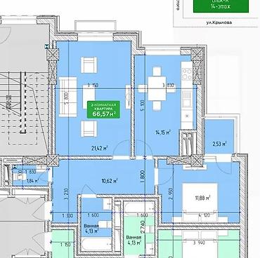 авангарт строй: 2 комнаты, 66 м², Пишпек Элитка, 3 этаж, ПСО (под самоотделку) — 2