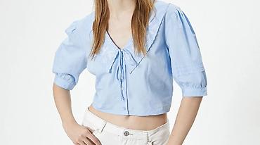 Qadın geyimləri: Açıq mavi rəngdə qadın crop bluz - Material: yüngül pambıq qarışığı — 2