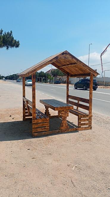 Bağ, çöl masa və oturacaq dəstləri: Bağ üçün taxta kölgəlikli oturacaq dəsti - Komplekt: sabit çardaqlı — 15