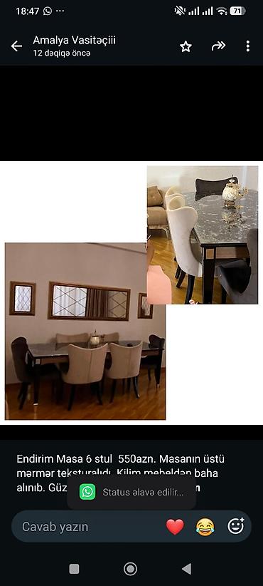 стол с зеркалом: Endirim Masa 6 stul 550azn. Masanın üstü mərmər teksturalıdı. Kilim — 1