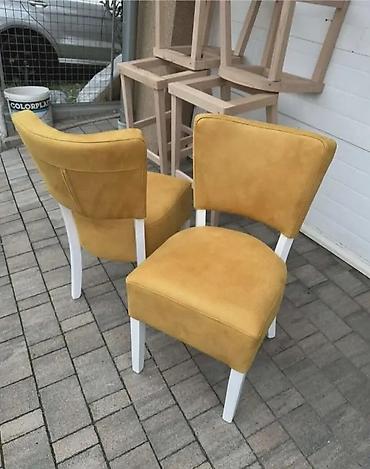 ikea ormari za sobu: Tapacirane stolice – žuto somot/velur sedište i naslon, bele drvene — 1